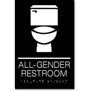A black sign that reads "All Gender Restroom" in white. Above the text are icons of a toilet. Below the text is a braille translation of the text.