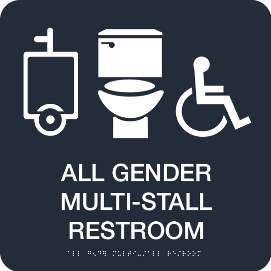 A black sign that reads "All Gender Multi-Stall Restroom" in white. Above the text are icons of a urinal, a toilet, and a person using a wheelchair. Below the text is a braille translation of the text.